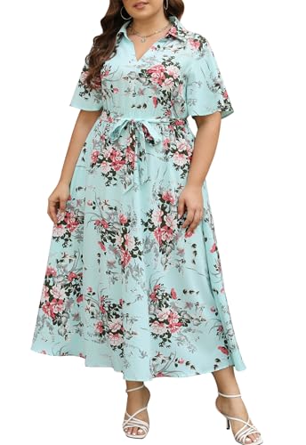 Image of Keluummi Plus Size Wedding Guest Maxi Dresses for Curvy Women, Summer Casual Floral 3 /4 Sleeve Party Wrap Dress with Pockets