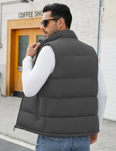 Image of WHN Men's Casual Puffer Vest Lightweight Full Zip Up Work Sleeveless Jacket Stand Collar Outerwear with 3 Pockets