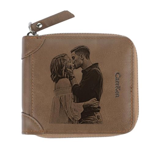 Personalized Photo Wallets for Men Custom Engraved Photo/Text Mens Small Wallets with Zipper Customized Wallet Gifts for Father's Day from Daughter Men Boyfriend Son Dad Husband