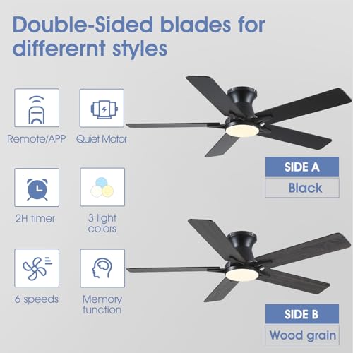 Image of 52 inchModern Black Low Profile Flush Mount Ceiling Fans with Light and Remote | Supports Remote and APP, 6 Wind Speeds, Reversible, Dimmable 3 Light Colors LED Light, Noiseless 30W DC Motor,2H Timer
