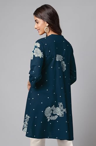 Image of Janasya Women's Pure Cotton Floral Printed Flared Tunic