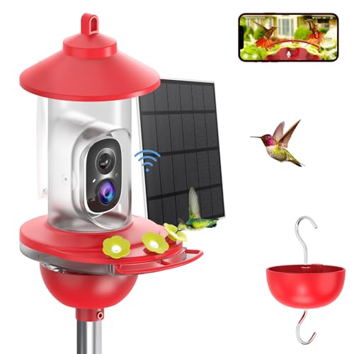 SOLIOM Hummingbird Feeder with Camera Solar Power, 2K Smart Hummingbird Feeder Camera Solar Powered with AI Identify, Ant Moat Pole Holder, Auto Detect, Ideal Gift for Hummingbird Lover (20 oz)