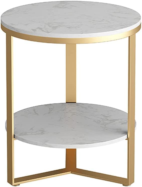Mesa de Centro Redonda Moderna con Tapa de Mármol Artificial, Mesa Auxiliar y Mesita de Noche de Metal, con 2 Niveles de Espacio de Almacenamiento, Adecuada para Sala de Estar, Dormitorio, B