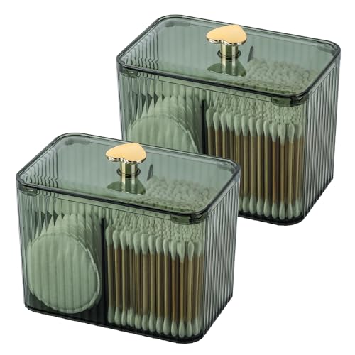 Image of Tbestmax Qtip Holder Dispenser 3-Section Clear Bathroom Organizer Jar 3 Grids Cotton Swab /Pad /Ball Holder Container Cosmetics Storage for Vanity(2 Pack Green)