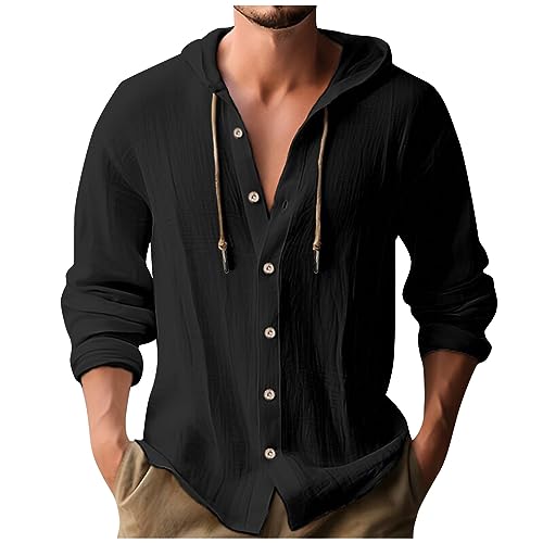 Mens Cotton Linen Hoodie,Long Sleeve Lightweight Breathable Hooded Button Down Shirt Spring Fall Casual Top