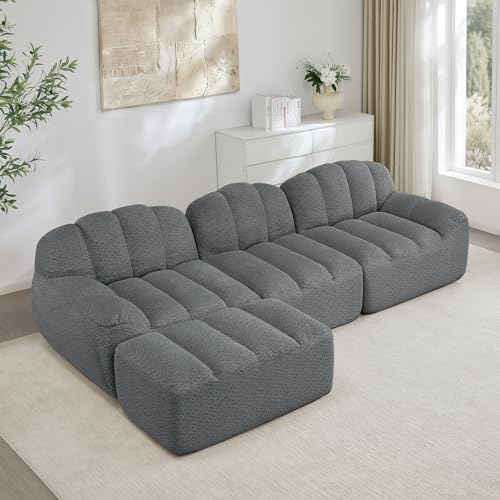 Zravenna Sofá con forma de concha de 3 plazas con cojines profundos, sofá modular sin boneless de 3 plazas, cómodo sofá para salón y apartamento, no requiere montaje, forro polar granulado, gris