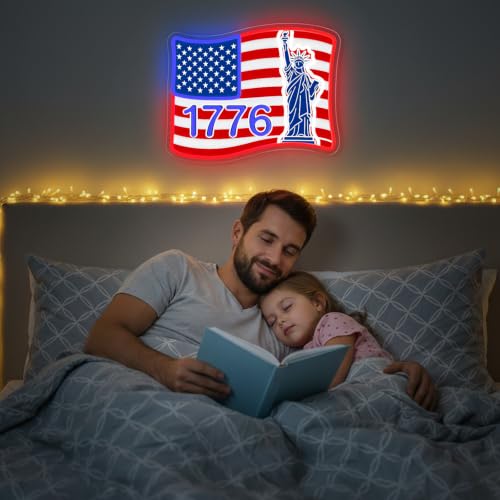 Image of 1776 USA Flag Neon Sign, Dimmable Statue of Liberty Patriotic LED Neon Lights for Wall Decor, 4th of July, Bedroom, Bar, Man Cave, Home, Garage, Christmas Birthday Party Gifts