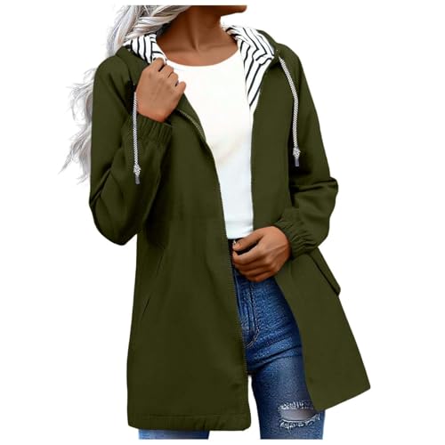 Uwdiohq Chaqueta Con Capucha De Color Liso Para Mujer, Otoño E Invierno, Bolsillos Y Cremallera, Longitud Media Larga Abrigo Impermeable Mujer (Blackish Green, Xxxl) Gabardina Cortavientos