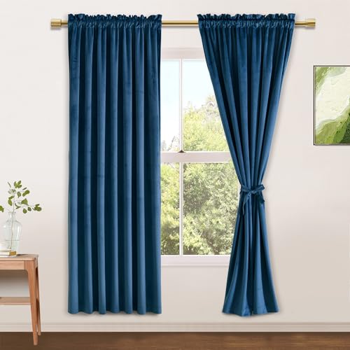 JIUZHEN Navy Velvet Blackout Curtains 52W x 63L 2 Panels with Tiebacks