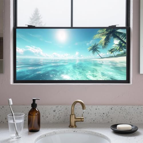 IVN Stained Glass Window Film Beach Design 39.3x17.7inch Window Privacy Film Stained Decals Static Cling Sun Blocking Decor for Home Office Windows Door Glass Partitions