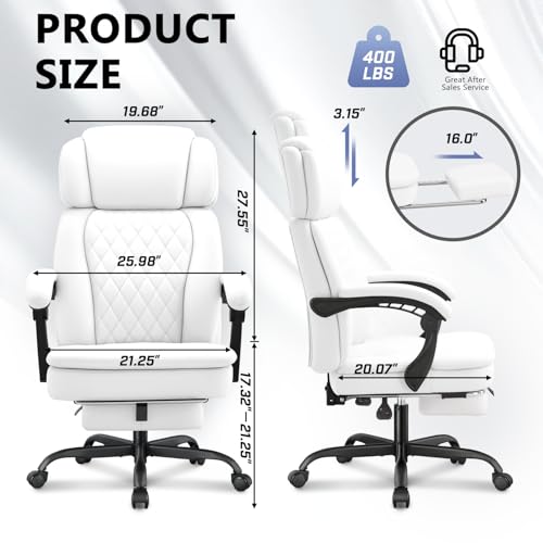 Image of 400lbs Office Chair with Foot Rest, Ergonomic Big and Tall Office Chair with Adjustable Headrest, High Back PU Leather Computer Chair,Comfy Heavy Duty Office Desk Chair (Classic White)