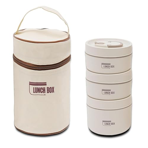 Kongming Fiambrera térmica de acero inoxidable 304, con bolsa y cubiertos, 3 recipientes térmicos para alimentos, mantener los alimentos calientes, a prueba de fugas, para casa, oficina, picnic (beis