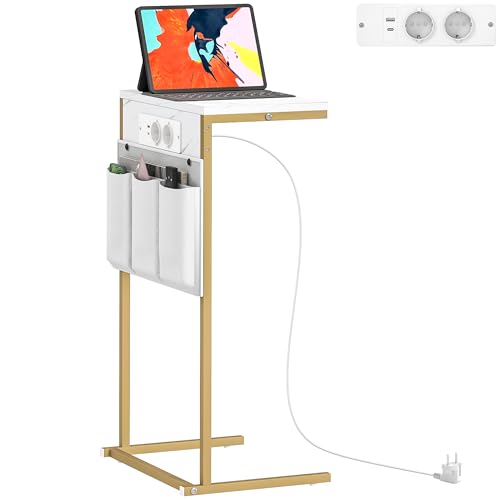 HOMCOM Mesa Auxiliar con Estación de Carga Mesa para Sofá con 2 Puertos USB 1 Puerto USB C y Bolsillo Organizador Mesita Auxiliar para Salón Dormitorio Blanco