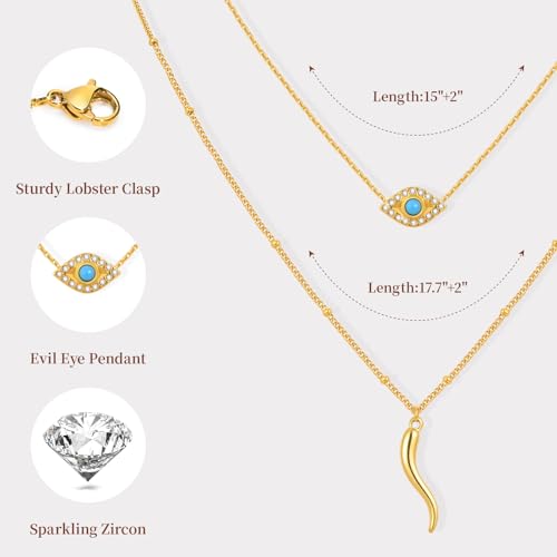 Women's Gold Evil Eye Necklace - 14K Gold Plated Evil Eye Choker Necklaces,Non Tarnish Layered Golden Italian Horn Charm Necklace,Lucky Spiritual Protection Jewelry Gifts for Girlfriend Sister Wife4
