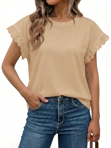 Image of Tankaneo Womens Summer Crewneck T-Shirts Lace Cap Sleeve Tops Dressy Casual Loose Fit Work Basic Tees Outfits 2026