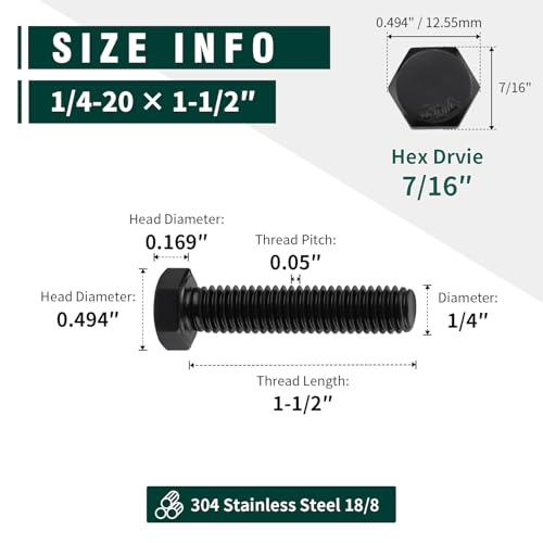 Image of 1 /4-20 x 1-1 /2 inch Hex Head Bolts Black, 304 Stainless Steel 18-8 Hexagon Head Screws Bolts, Black Oxide Finish, Allen Hex Drive, 20 PCS