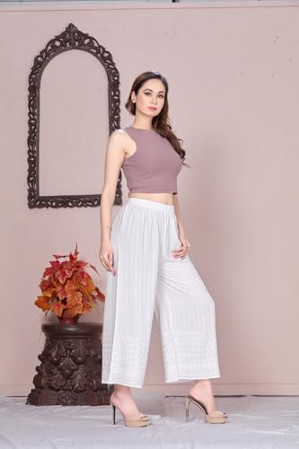 Image of VIVIKA Chikankari Palazzo Pants for Women |Rayon Wide Leg Ethnic Palazo with Embroidery | Comfortable Elastic Waist Women's Palazzo for Casual, Festive & Office Wear