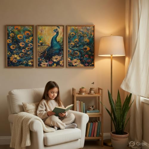 Image of Livin'luxe Peacock Wall Painting Set of 3 with Wooden Frames | Colorful Peacock Feather Artwork HD Sparkle Printed MDF Wall Decor | Modern Bird Wall Art for Living Room, Bedroom, Hall & Office