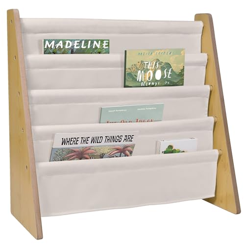 Image of Wildkin Kids Premium Canvas Sling Bookshelf for Boys & Girls, Wooden Design Features Four Fabric Shelves, Keep Bedrooms, Playrooms, & Classrooms Organized, Measures 25 x 24 x 11 Inches -Natural w/Tan