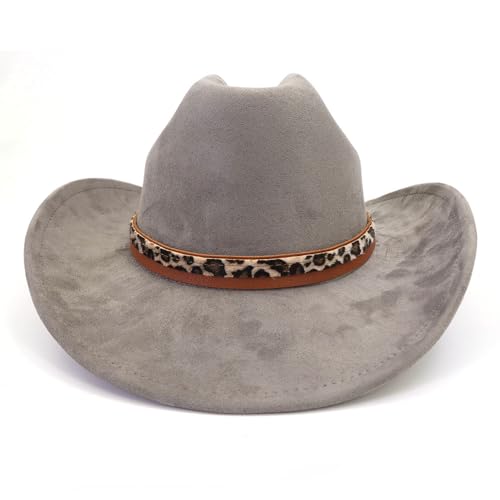 Image of Classic Suede Cowboy Hat for Adult Wide Brim Western Cowgirl Hat Women Fedora Hat with Leopard Print Hatband