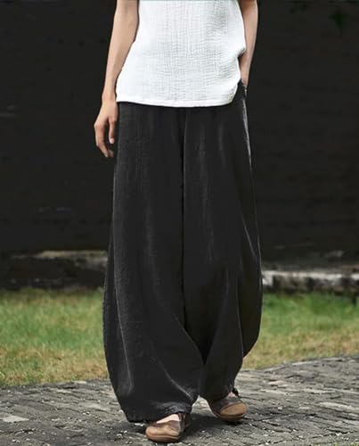 Cargo Japanese Pants for Women Cotton Linen Wide Leg Pants Casual Summer Boho Baggy Lantern Trouser with Pockets4