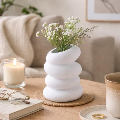 Image of Plastic Modern Textured White Decorative Vase for Flowers, Ceramic-Look Ribbed Design Table Vase for Living Room, Bedroom, Office Decor, Lightweight & Durable Flower Pot (Pebbles Tower)
