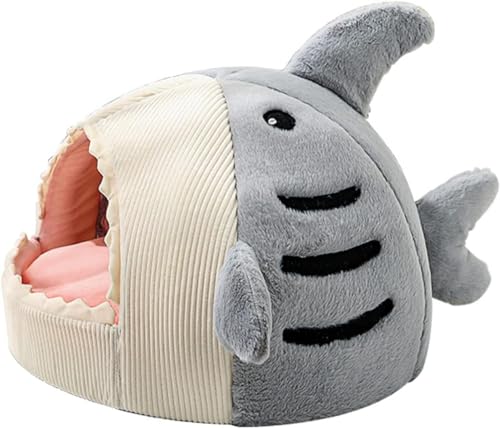 ペットハウス(猫・小型犬用) 鮫型 & ドーム型デザイン 冬用暖かいふわふわ仕様 クッション付き 洗える ぐっすり眠れる休憩所 (L,グレー)