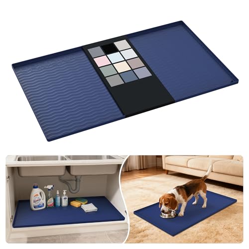 Image of URMONA Waterproof Silicone Under Sink Mat 37'' x 22'' Shelf Liner for Kitchen and Bathroom, Cabinet and Counter Protector, Storage and Organizers, Litter Mat, Pet Cat Puppy Essentials(Navy)
