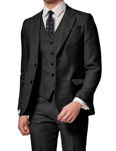 3 Piece Summer Linen Suits for Men, Men's Slim Fit Suit Set Two Buttons Casual Solid Blazers Vest Pants Set for Wedding Party