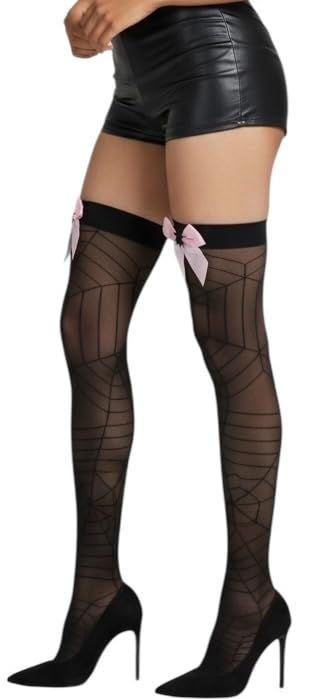 Image of ToBeInStyle Women's Spiderweb & Crawling Spider Print Hosiery Tights & Thigh High Stockings