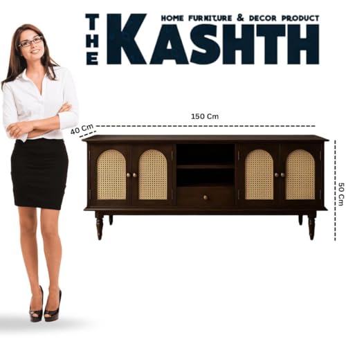 Image of Premium Solid Wood, 10 Minutes Assembly (Legs Only), Aesthetic Rattan Doors, Mid Century Entertainment Center for Living Room, TV Stand for 65 inch TV, Dark Chocolate (Walnut TK-25)