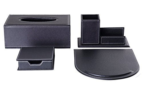 KINGFOM 4pcs Leder büro Schreibtisch Set - Inklusive Kosmetiktücherbox,Mauspad, Stifthalter mit Visitenkartenhalter und Zettelbox (T11-4-Schwarz)