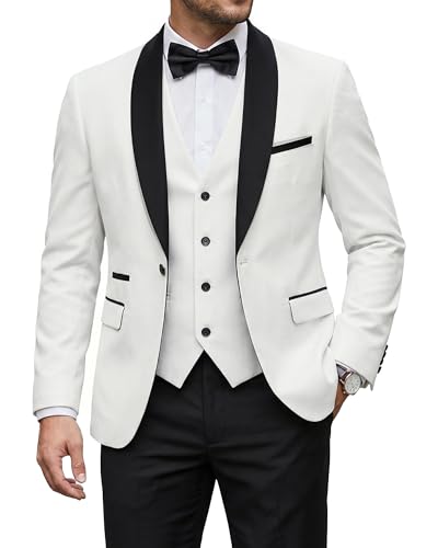 YND Men's 3 Piece Slim Fit Tuxedo Set, One Button Shawl Collar Solid Jacket Vest Pants with Bow Tie