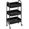AGTEK 3-Tier Rolling Carts with Wheels, Rolling Utility Cart with Iron Frame for Kitchen, Plastic Shelves, Living Room, Office, Black