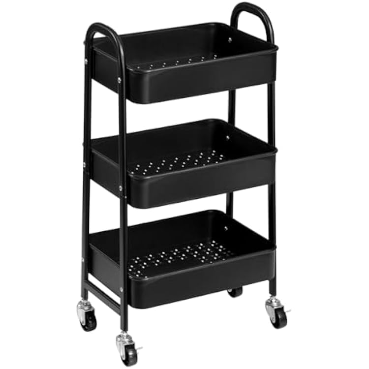 AGTEK 3-Tier Rolling Carts with Wheels, Rolling Utility Cart with Iron Frame for Kitchen, Plastic Shelves, Living Room, Office, Black