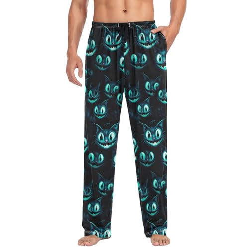 Men’s Blue Neon Cat Eye Pajama Pants with Pockets, Comfortable Lounge Sleep Bottoms#7553