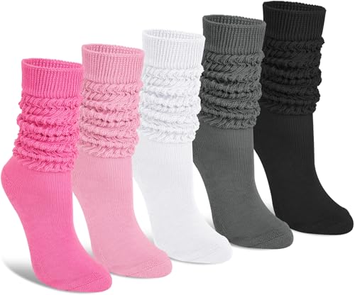Justay 5 Pairs Slouchy Socks for Women - Knit Cotton Tube Cute Knee High Boot Long Scrunch Slouch Socks Gifts