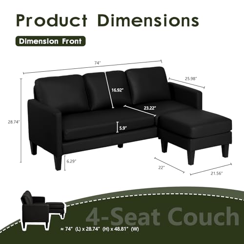 Image of Faux Leather Sectional Couch, L Shaped Sofa with 3 Seater Couch and Reversible Chaise Convertible PU Leather Comfy Couches for Living Room (Black)
