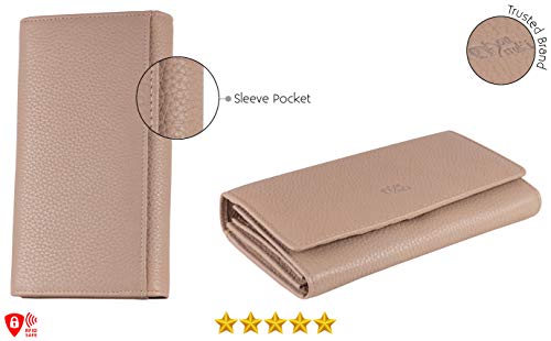Image of Women's Top Grain Leather Wallet, RFID Blocking Bifold clutch, 17 Card Slots, Zip Pocket Organizer, Elegant Gift for Women - Birthday, Valentine, Anniversary - OFF WHITE