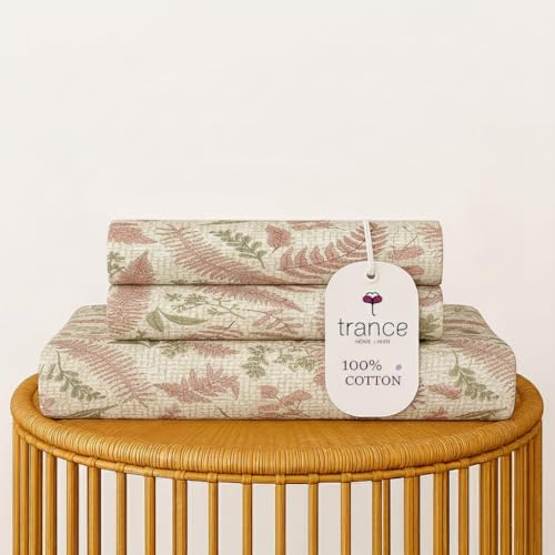 Image of Trance Home Linen 100% Cotton 144Tc Elastic Fitted Bedsheet | Printed Double Size Bed Elasticated Fitted Bedspread with 2 Pillow Covers (75X60 Inch, Foliage Peach), Queen