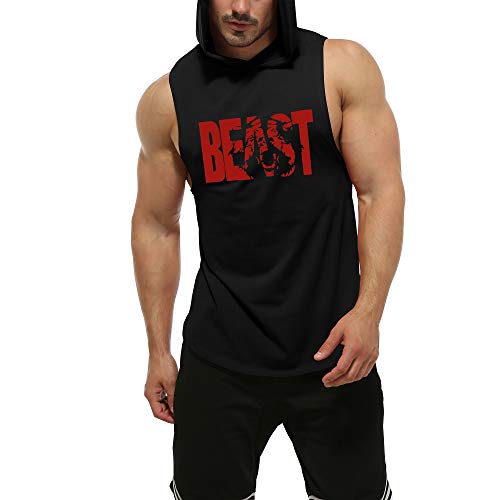 Product Image of the GYM REVOLUTION Men's Beast Workout Sleeveless Shirts Muscle Hooded Tank Gym Fitness Quick Dry Sleeveless Hoodies Black Printed Red M