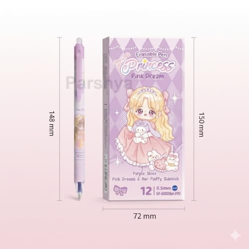 Image of KiddieWorld Princess Pink Dream Erasable Gel Pens Set of 12 | 0.5 mm Fine Tip Blue Ink | Heat Erase Technology | Cute Stationery for Kids Students School Exams