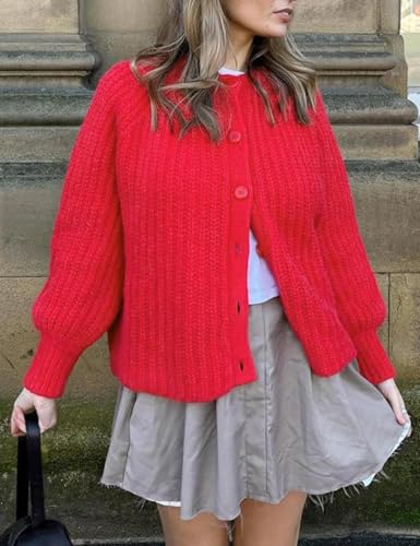 Image of Women's Casual Puff Long Sleeve Crew Neck Cardigan Button Down Open Front Knit Loose Sweater Outwear