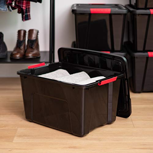 Image of IRIS USA 40 Qt Stackable Plastic Storage Bins with Lids, 6 Pack - BPA-Free, Made in USA - Garage Organizing Solution, Latches, Durable Nestable Containers, Secure Pull Handle - Black