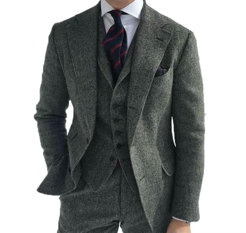 QXWD Fato de negócios 3 peças para homem, de lã verde, com estampado retro de espinha, para namorado, smoking de Tweed para casamento (casaco, calças e colete)