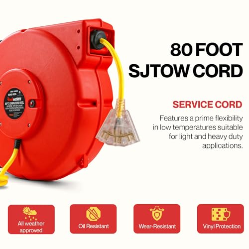 Reelworks GUR022 Extension Cord Reel Retractable Longest Industrial 12Awg X 80' Foot Commercial Premium Grade Ultra Flexible 3C/Sjtow Glow Strip Cable And Led Light Up Triple Tap Connector Use Indoor/Outdoor thumb #2
