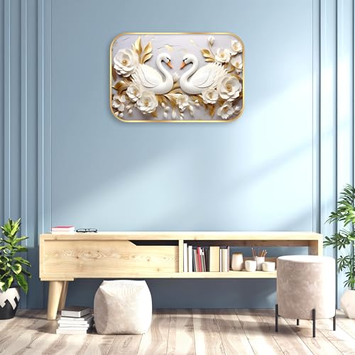 Image of Indianara White Swan Wall Art with Gold Roses, Digital Print, Gold Frame, 45 x 30 cm, Landscape