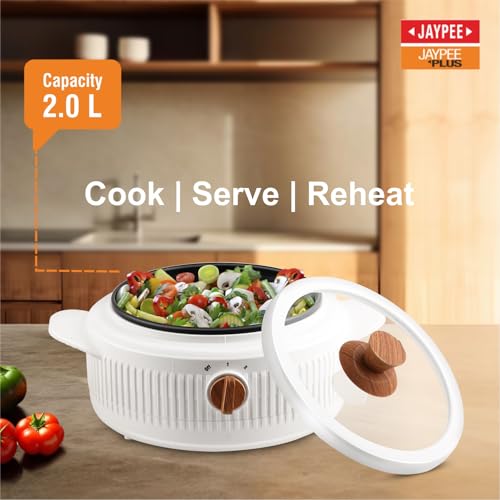 Image of Jaypee Plus Electric CookSmart Casserole with Teflon NonStick Coating Bowl for Reheating & Cooking, Serving Casserole Wooden Finish Lid & Regulator Knob Toughened Glass Lid, 2000 ml, White