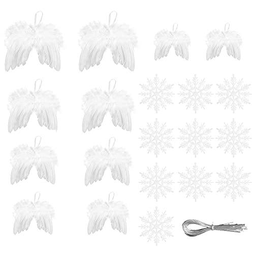 SRunDe 20 Stück Engel Flügel Anhänger Weihnachtsbaum und Weiß Glitzer Schneeflocken zum Aufhängen Weihnachtsbaumschmuck Weihnachtsbaum Hängende Ornament für Weihnachtsfeier Dekoration DIY Handwerk Cover