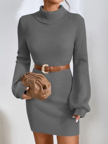 Image of Turtleneck Sweater Dress for Women Lantern Sleeve Mini Bodycon Ribbed Knit Sweater Pullover Short Dresses XS-XXL